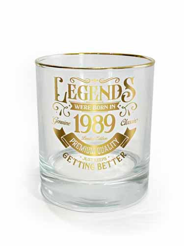 Clear tumbler printed with year 1989