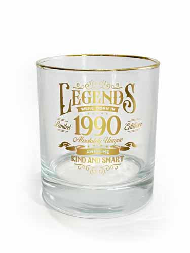 Drinking glass printed with the year 1990