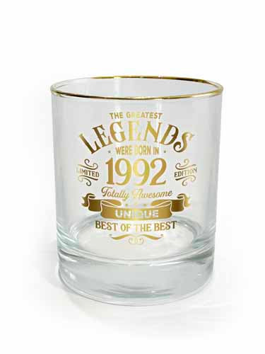 Clear drinking glass with 1992 year print