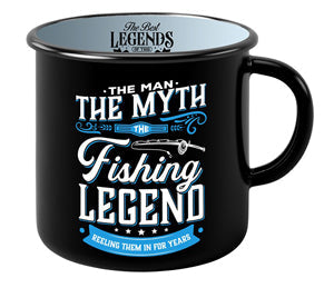 Ceramic mug with fishing themed graphic and bold legend text