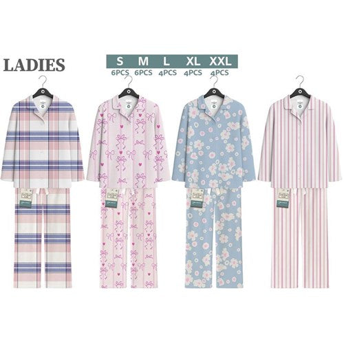 Ladies fleece PJ button-up set in 4 assorted designs, featuring soft, warm comfort for cosy sleep and lounging on colder nights.