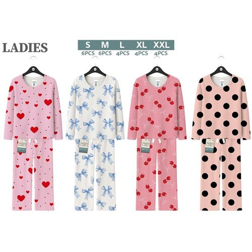 Ladies fleece PJ round neck set in 4 assorted designs, featuring soft, warm comfort for cosy sleep and lounging on colder nights.