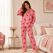 Ladies fleece PJ round neck set in 4 assorted designs, featuring soft, warm comfort for cosy sleep and lounging on colder nights. – thumbnail