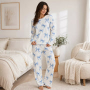 Ladies fleece PJ round neck set in 4 assorted designs, featuring soft, warm comfort for cosy sleep and lounging on colder nights. – thumbnail