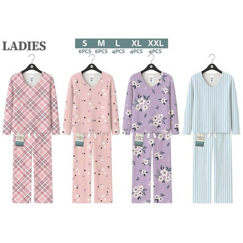 Ladies fleece PJ V-neck set in 4 assorted designs, featuring soft, warm comfort for cosy sleep and lounging on colder nights.
