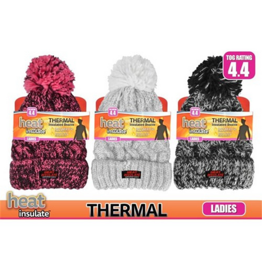 Ladies heat knitted melange beanie in assorted styles for cosy winter wear, commuting, and everyday outdoor use.