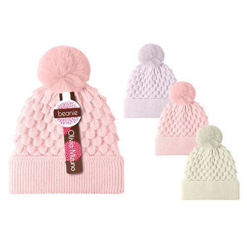 Ladies knitted beanie with pompom in assorted styles for cosy, stylish, and warm everyday winter wear.