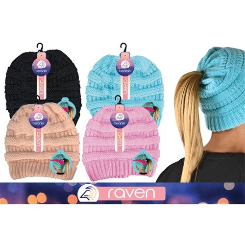 Ladies knitted pony tail beanie in assorted styles for warm winter wear and comfortable ponytail-friendly styling.
