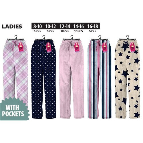 Ladies PJ lounge pants with pockets in assorted designs, offering soft, cosy comfort for sleep and relaxing at home.