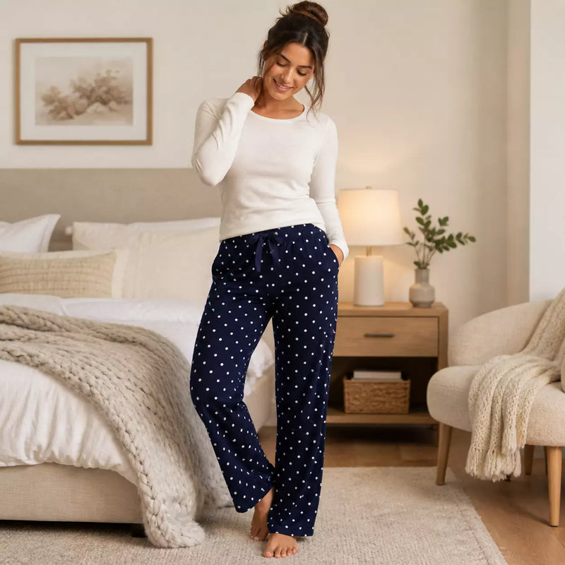 Ladies PJ lounge pants with pockets in assorted designs, offering soft, cosy comfort for sleep and relaxing at home.