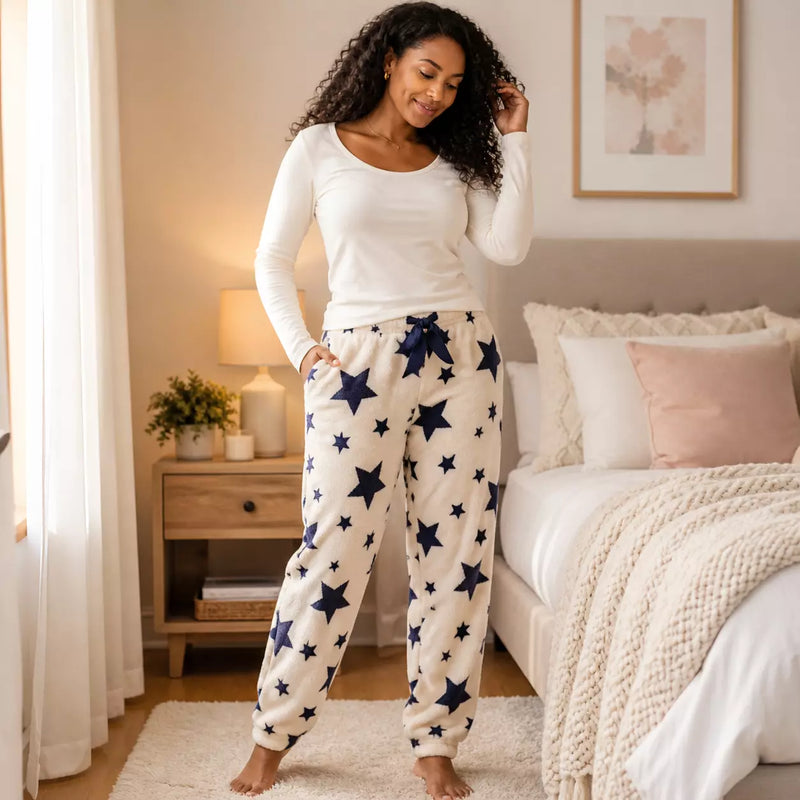 Ladies PJ lounge pants with pockets in assorted designs, offering soft, cosy comfort for sleep and relaxing at home.