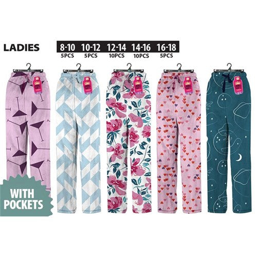 Ladies PJ lounge pants with pockets in 2 assorted designs, offering soft, cosy comfort for sleep and relaxing at home.