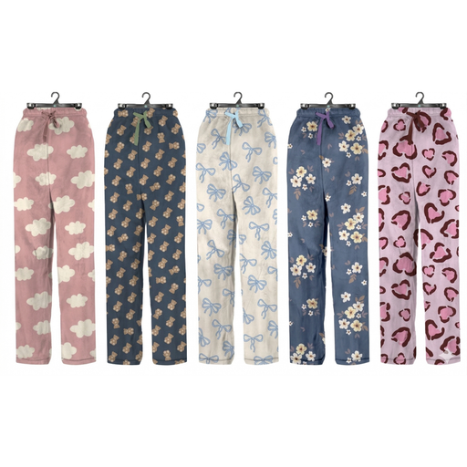 Ladies PJ lounge pants with pockets in 3 assorted designs, offering soft, cosy comfort for sleep and relaxing at home.