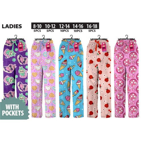 Ladies PJ lounge pants with pockets in 6 assorted designs, offering soft, cosy comfort for sleep and relaxing at home.