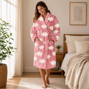 Ladies full-length printed robe in assorted designs, featuring soft, cosy comfort and warm coverage for relaxing at home on cooler days and nights. – thumbnail