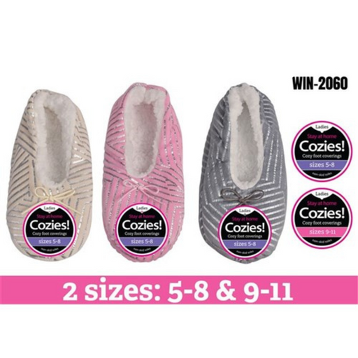 Ladies sherpa slippers with foil stripe detail in assorted colours, warm fluffy indoor house slippers for cosy lounging