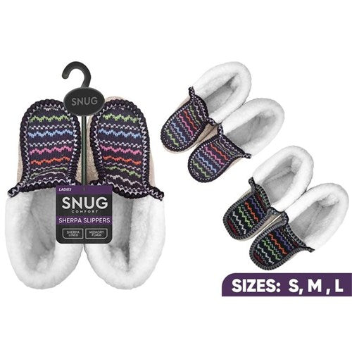 Ladies moccasin slippers with Nordic knit pattern in assorted colours