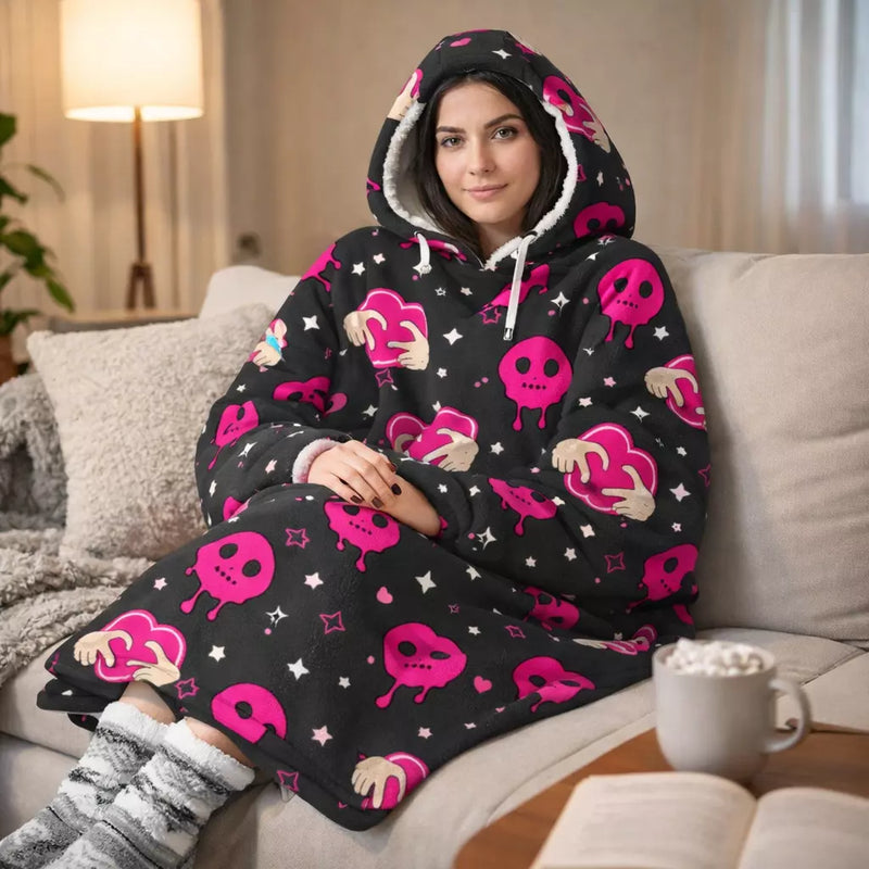 Ladies Snuggy Sherpa hoodie in assorted printed designs, featuring ultra-soft sherpa fleece for warm, cosy winter comfort at home.