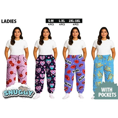 Ladies Snuggy Sherpa pants in assorted Style 1 designs, featuring ultra-soft fleece for warm, cosy comfort during colder days and nights.