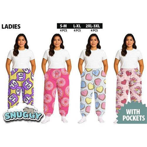 Ladies Snuggy Sherpa pants in assorted Style 2 designs, featuring ultra-soft fleece for warm, cosy comfort during colder days and nights.