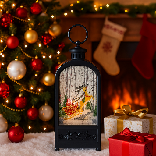 Christmas print of Santa and reindeer sleigh lit by lantern