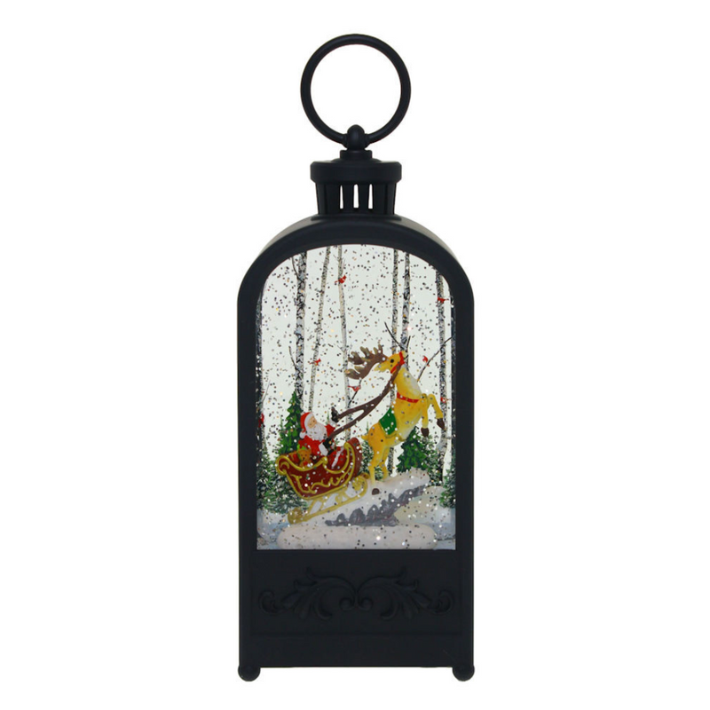 Christmas print of Santa and reindeer sleigh lit by lantern