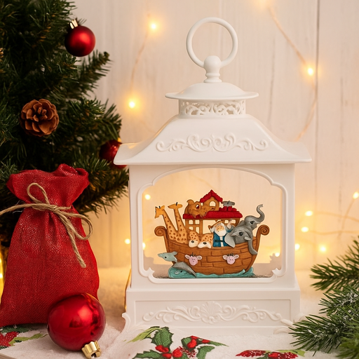 Large white Noah’s Ark lantern with animal pairs – baby shower or baptism hanging decoration