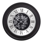 Large 80cm wall clock in black with silver exposed gears, inspired by an auto wheel design