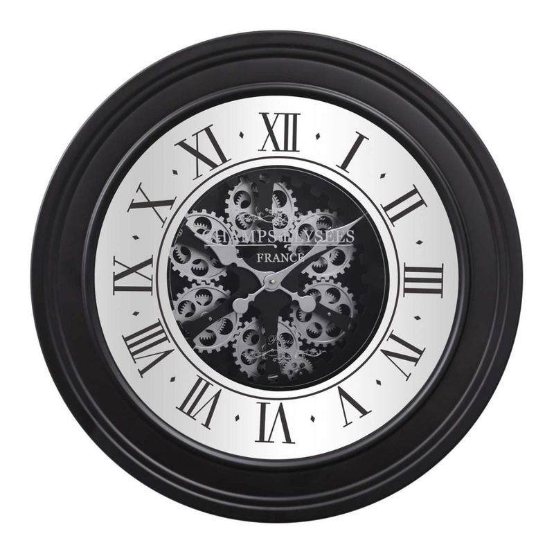 Large 80cm wall clock in black with silver exposed gears, inspired by an auto wheel design