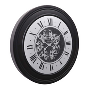 Large 80cm wall clock in black with silver exposed gears, inspired by an auto wheel design