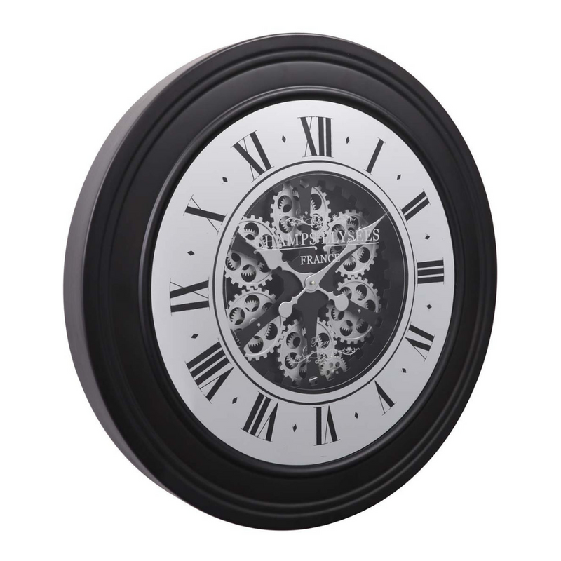 Large 80cm wall clock in black with silver exposed gears, inspired by an auto wheel design
