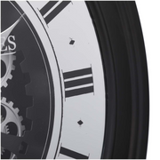Large 80cm wall clock in black with silver exposed gears, inspired by an auto wheel design