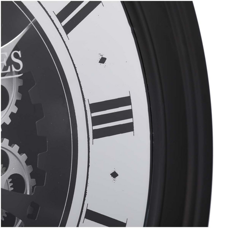 Large 80cm wall clock in black with silver exposed gears, inspired by an auto wheel design