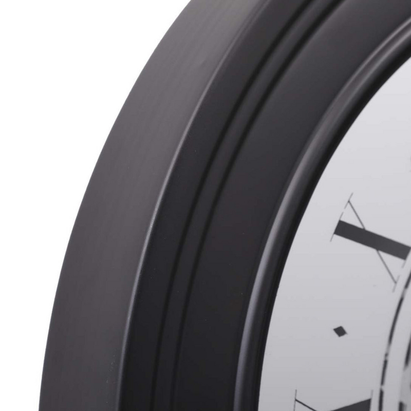 Large 80cm wall clock in black with silver exposed gears, inspired by an auto wheel design