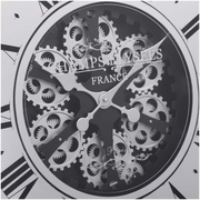 Large 80cm wall clock in black with silver exposed gears, inspired by an auto wheel design