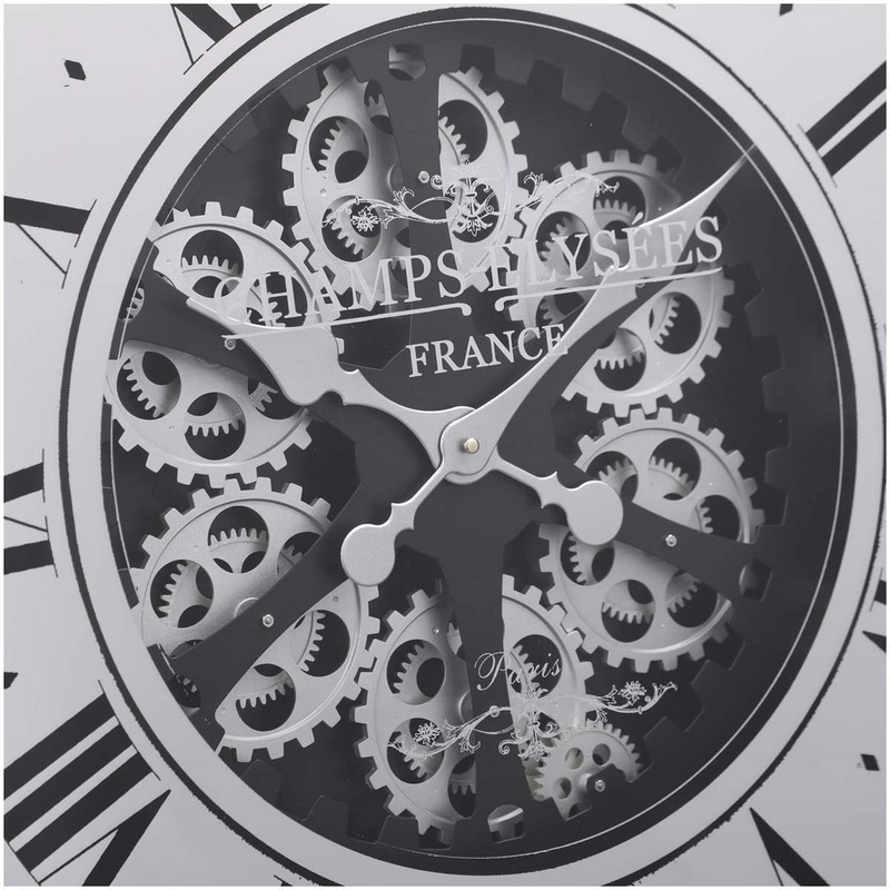 Large 80cm wall clock in black with silver exposed gears, inspired by an auto wheel design