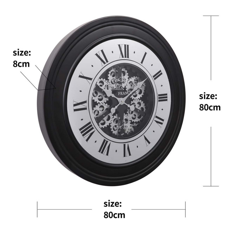 Large 80cm wall clock in black with silver exposed gears, inspired by an auto wheel design