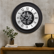 Large 80cm wall clock in black with silver exposed gears, inspired by an auto wheel design