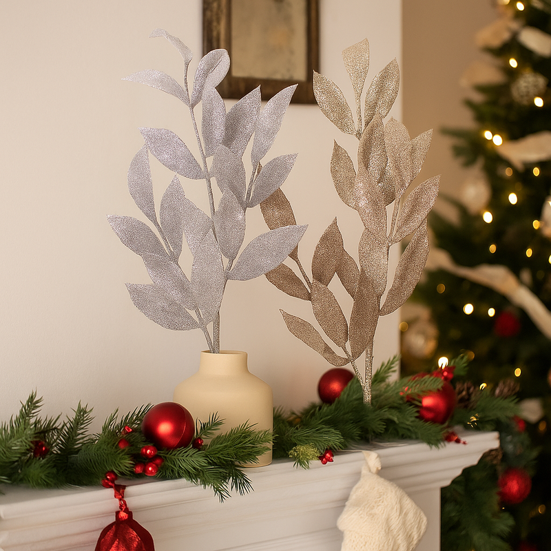 Champagne and silver 64cm laurel leaf stem for Christmas tree and wreath decoration
