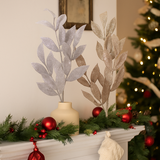 Champagne and silver 64cm laurel leaf stem for Christmas tree and wreath decoration