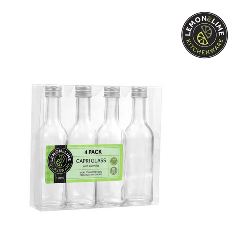 Ronis Lemon and Lime Capri Glass Mini Bottle Long Neck Silver Lid 120ml 4pc