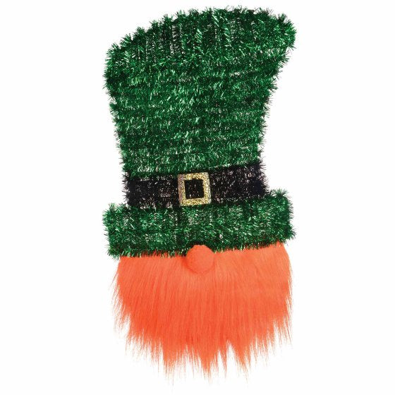 Deluxe leprechaun head hanging decoration with green tinsel fringe for St Patrick’s Day party décor.