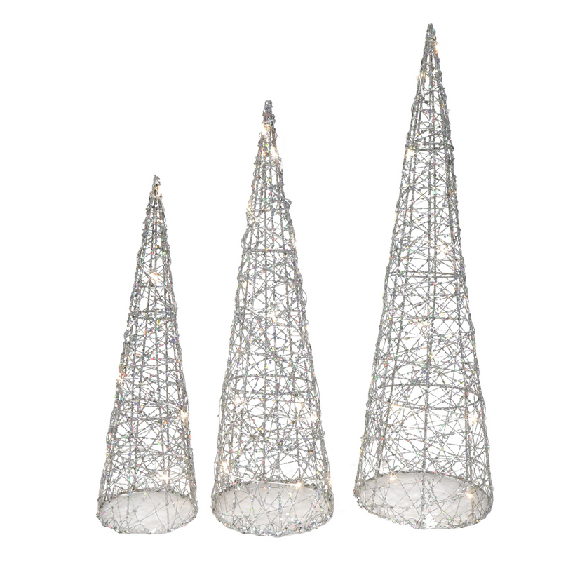 Ronis Light Up Glitter Wire Cone Tree 3Pc Set Assorted