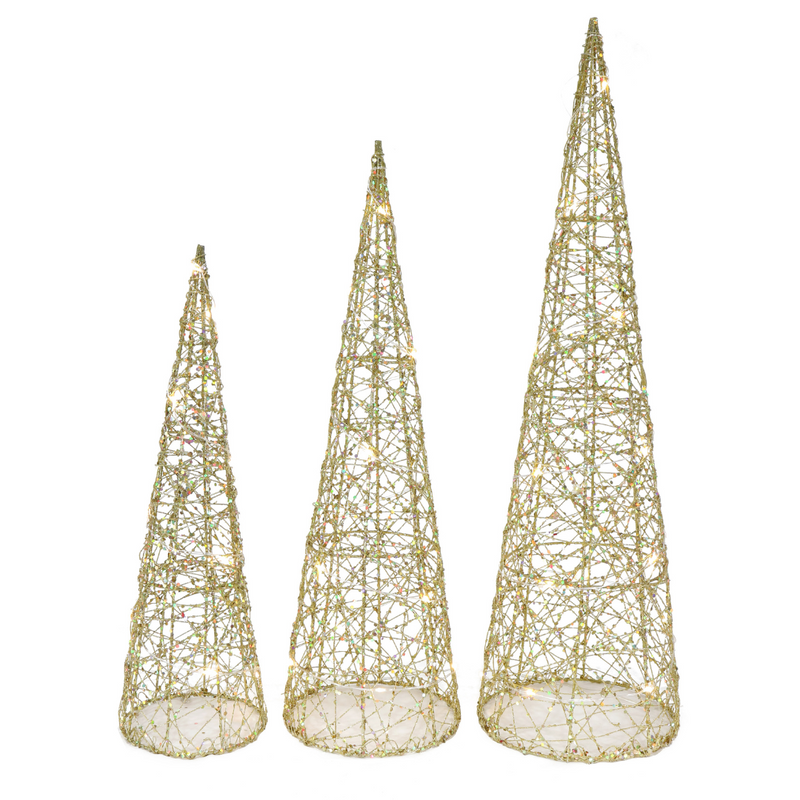 Ronis Light Up Glitter Wire Cone Tree 3Pc Set Assorted