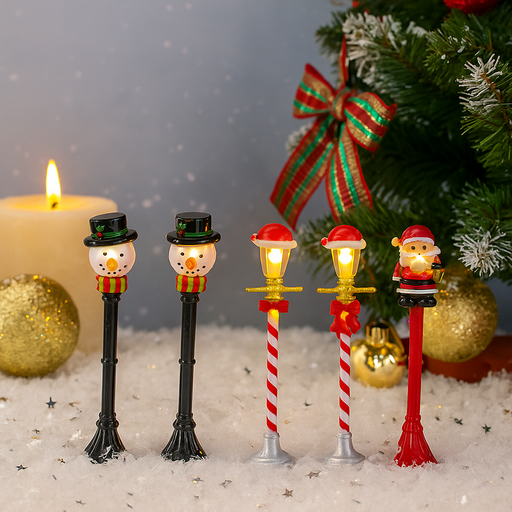 Light Up Mini Santa and Snowman Street Lamps 4pk Assorted LED Christmas décor