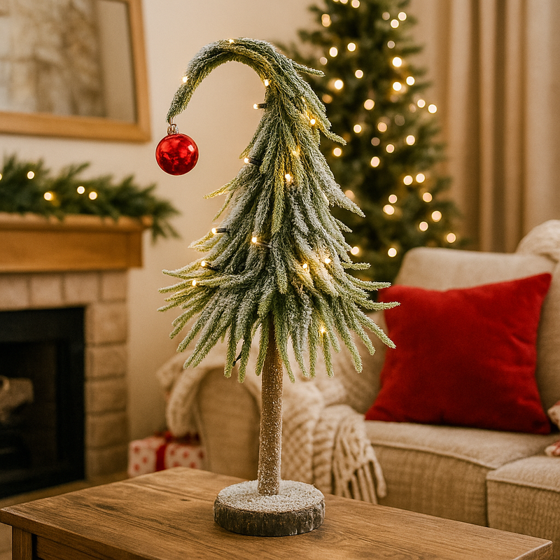 Light Up Spiky Curve Tree 46cm with LED lights, battery operated, modern curved holiday décor.