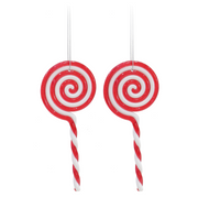 Set of two 13cm lollipop-shaped hanging decorations with festive candy-inspired colors and patterns for Christmas decorating.