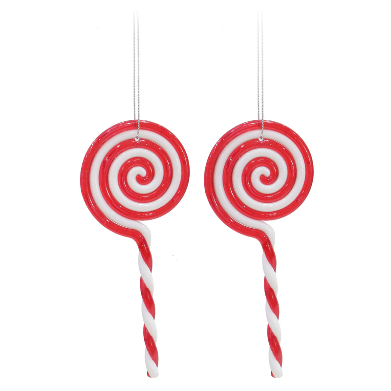 Set of two 13cm lollipop-shaped hanging decorations with festive candy-inspired colors and patterns for Christmas decorating.