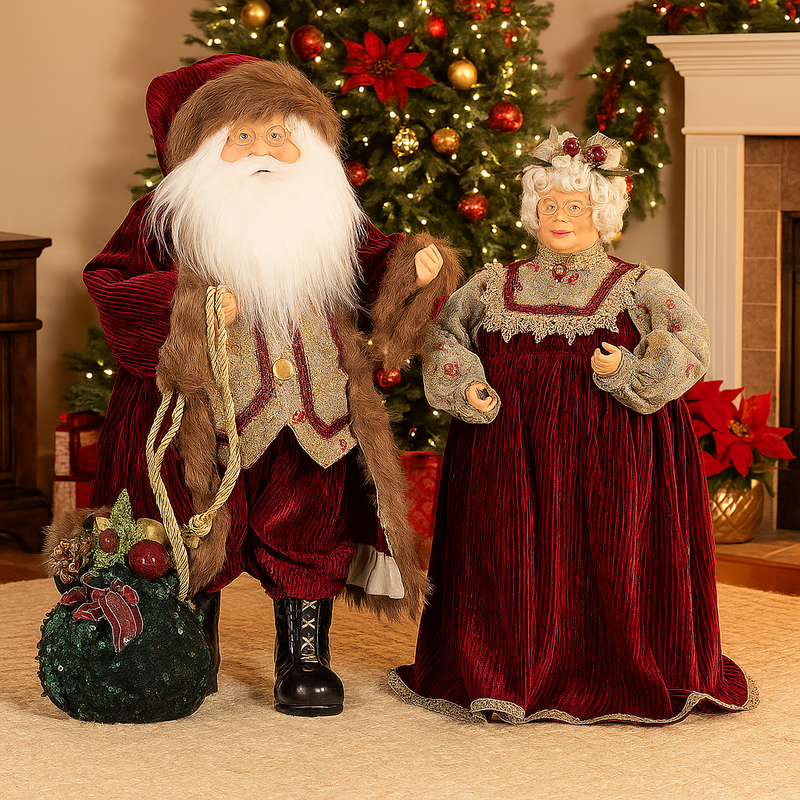 Holiday figurine set featuring Mr. Claus 47cm and Mrs. Claus 42cm for Christmas décor