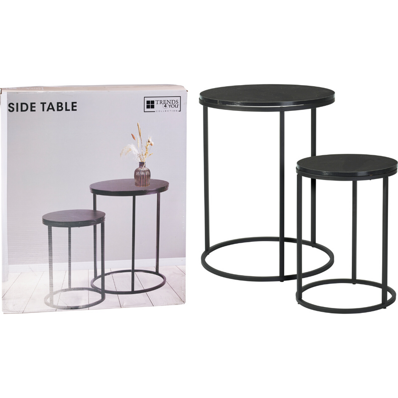 set of two black marble look MDF and metal side tables